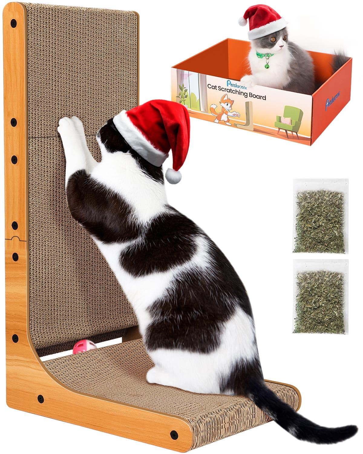 Petslucent Cat Scratcher, 26.8 Inch L Shape Cat Scratching Board with Box, Cat Scratching Cardboard with Ball Toy for Indoor Cats, Large Size