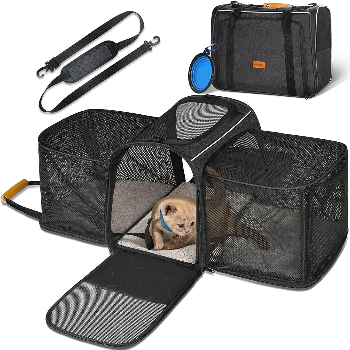 Morpilot Portable Pet Carrier Bag, Top Opening, Removable Mat and Breathable Mesh, Foldable Transport Carrier for Dogs and Cats, with Shoulder Strap and Pet Bowl