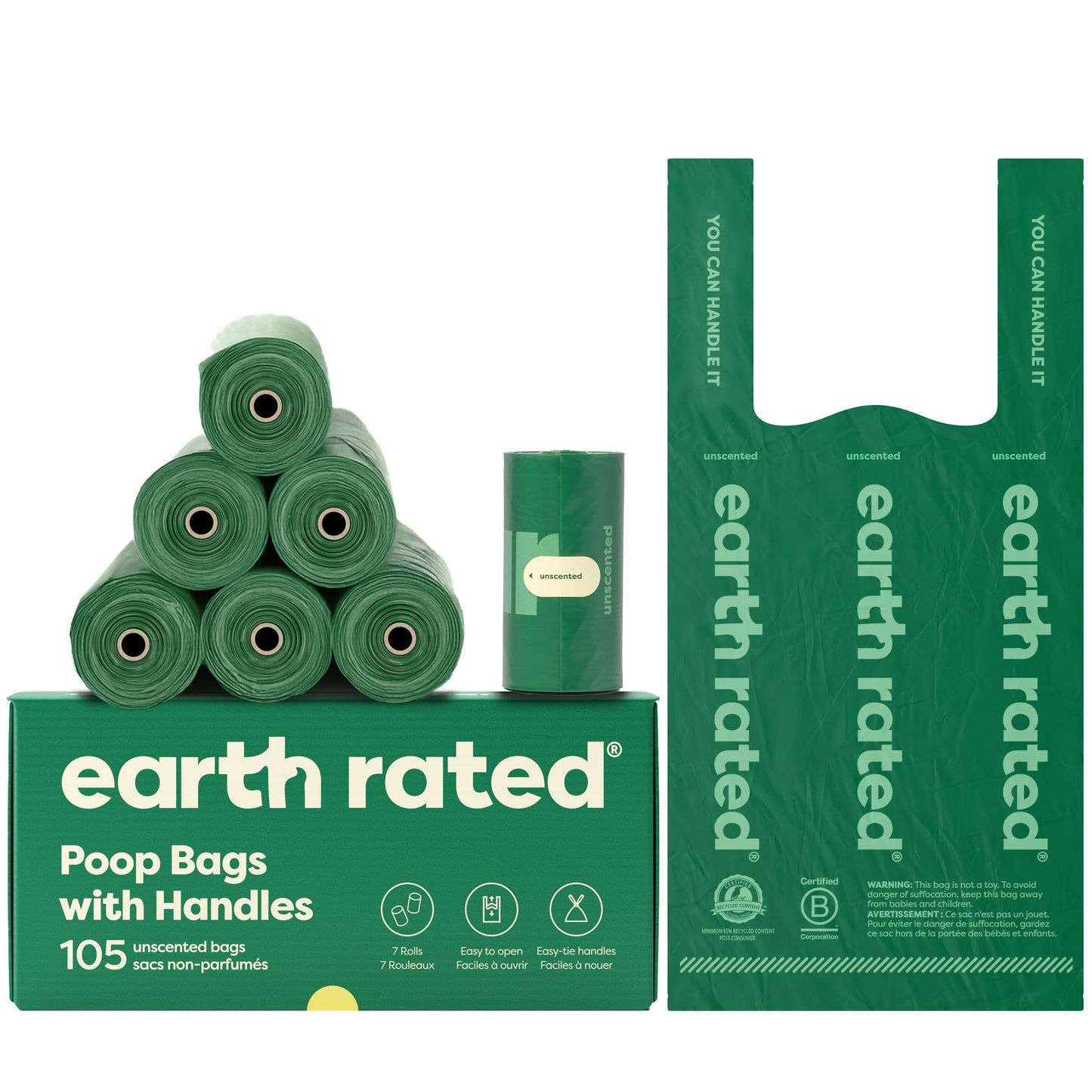 Earth Rated Dog Poop Bags with Tie Handles on Refill Rolls, Extra Wide, Easy-Tie Opening, Guaranteed Leak-Proof, Unscented, 105 Count