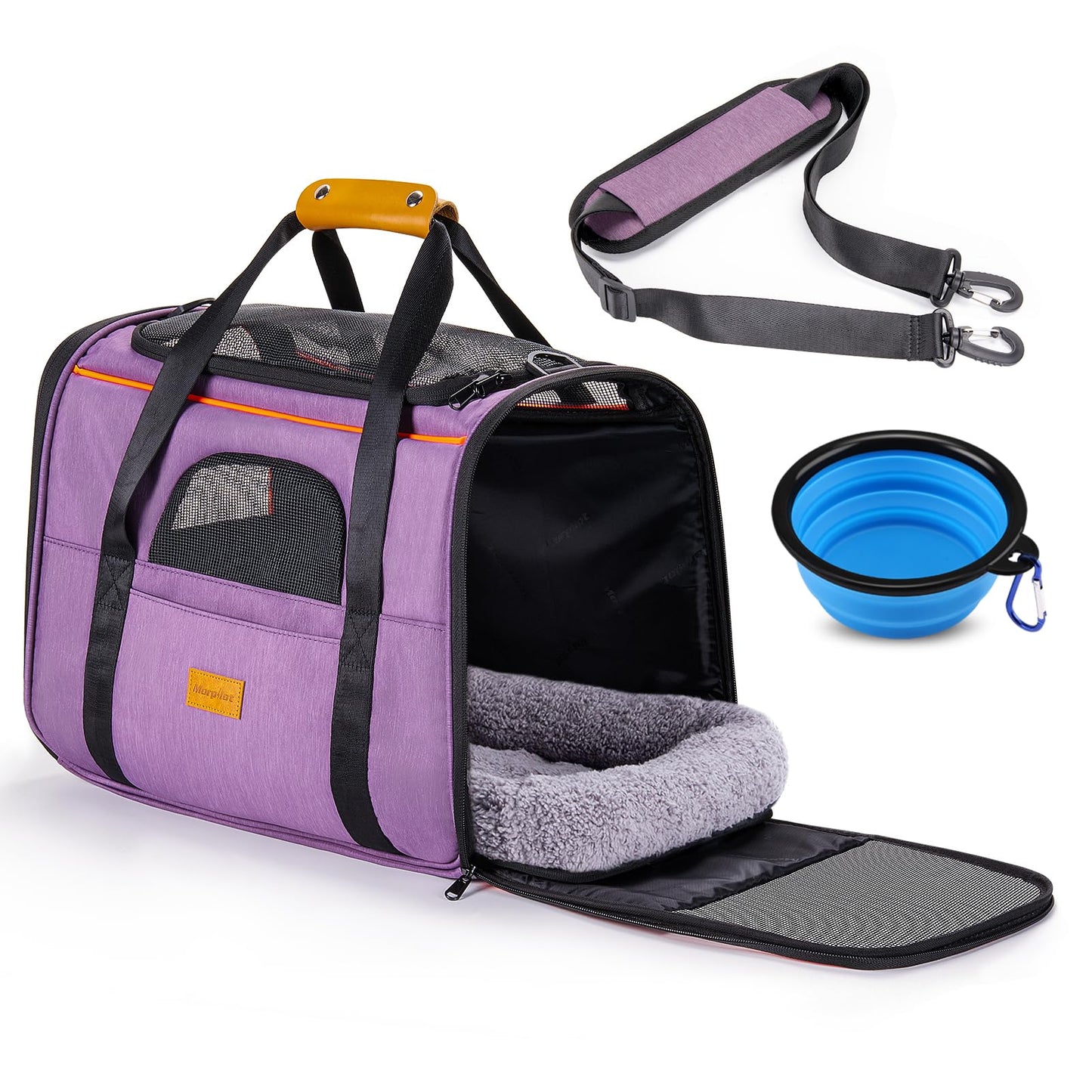 Morpilot Portable Pet Carrier Bag, Top Opening, Removable Mat and Breathable Mesh, Foldable Transport Carrier for Dogs and Cats, with Shoulder Strap and Pet Bowl