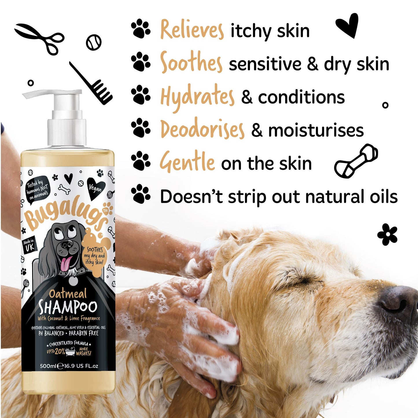 BUGALUGS Itchy Dog Shampoo with Oatmeal & Aloe Vera Dog professional Vegan dog grooming products for smelly dogs with fragrance can use as puppy shampoo (500ml)