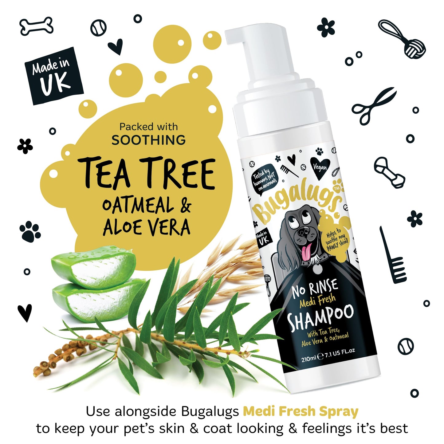 BUGALUGS Dog Shampoo for Itchy Skin, Medi Fresh Natural Safe Sensitive Formula - Soothing Skin Cooling For Skin Irritation and anti itch