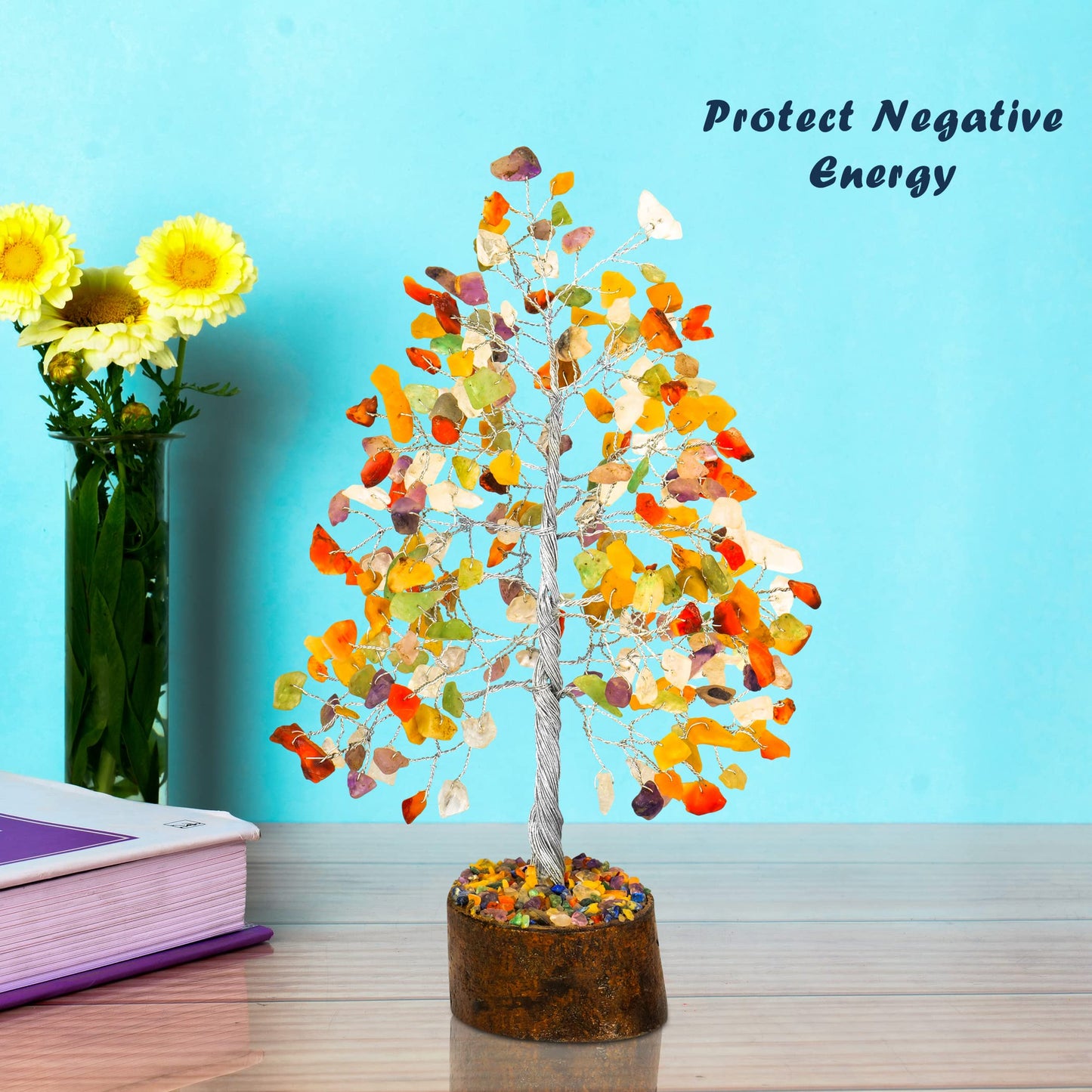 Tree of Life Gemstone Bonsai - Artificial Home and Office Decor, Spiritual Gift With Chakra Stones, Love Stone, Positive Energy - Crystal Rose Quartz