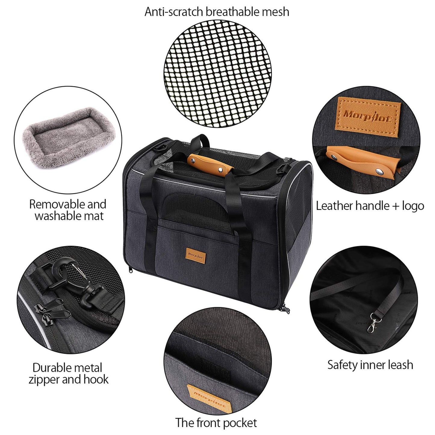 Morpilot Portable Pet Carrier Bag, Top Opening, Removable Mat and Breathable Mesh, Foldable Transport Carrier for Dogs and Cats, with Shoulder Strap and Pet Bowl