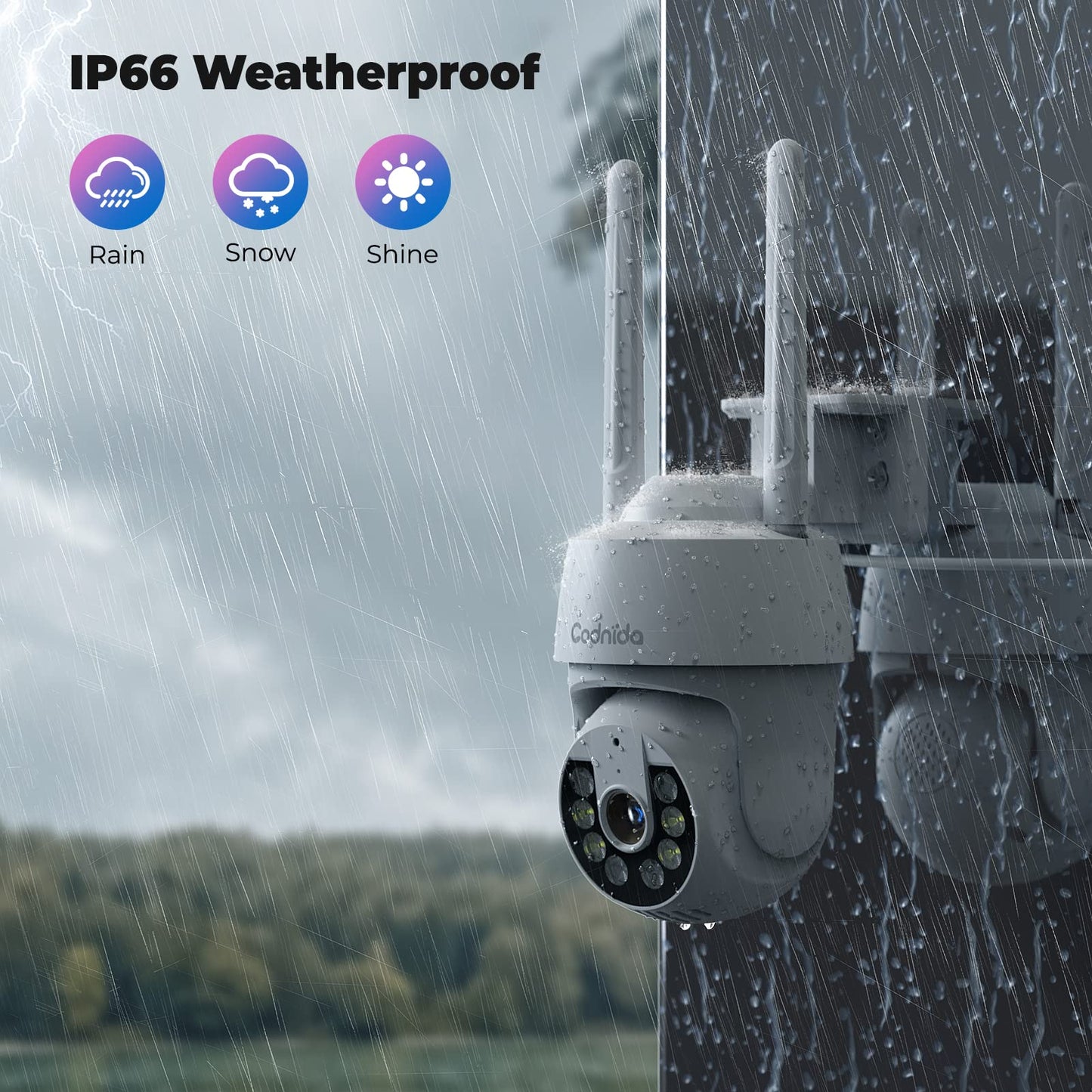 Codnida 2K Security Camera Outdoor, 360° PTZ WiFi Camera, CCTV Camera with 24/7 Recording, PIR Human Detection, Sound and Light Alarm, Support 16-128G SD Card, Works with Alexa
