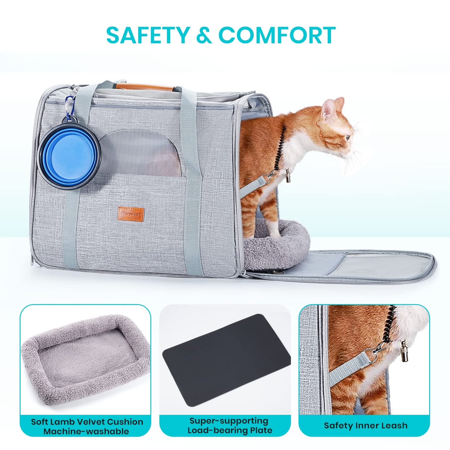 Morpilot Portable Pet Carrier Bag, Top Opening, Removable Mat and Breathable Mesh, Foldable Transport Carrier for Dogs and Cats, with Shoulder Strap and Pet Bowl