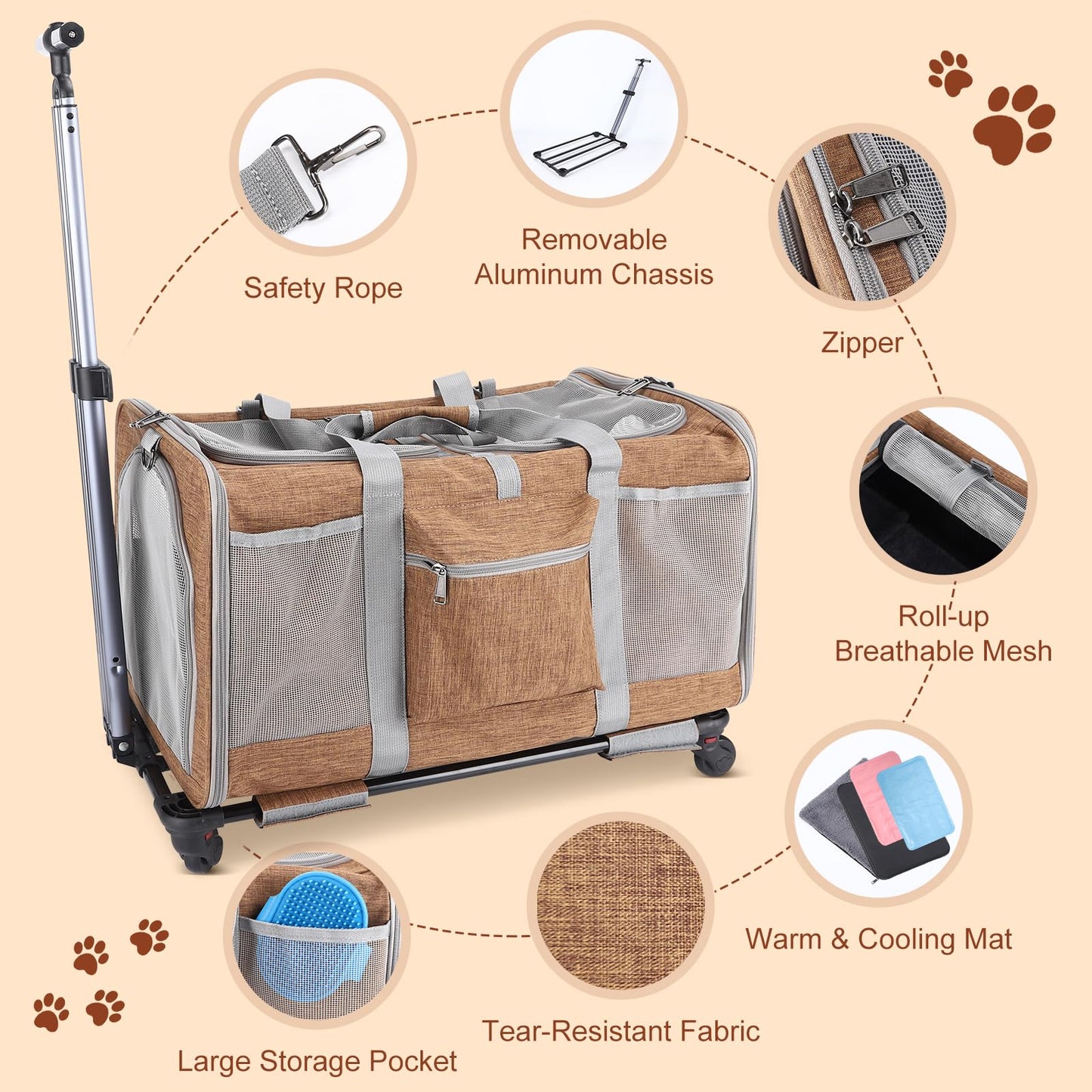 Double-Compartment Rolling Cat Carrier with Wheels for 2 Cats, Foldable Pet Carrier with Wheels for 2 Small Cats and Dogs, Fully Breathable, Perfect for Traveling/Hiking/Camping/Veterinary Visits