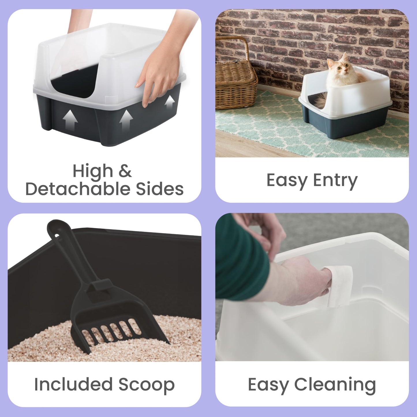 Iris Ohyama Cat Litter Tray with Scoop, Grey, Easy to Clean, Cat Litter Box, Detachable Spill Preventing Walls, For Kittens, Adult Cats, Rabbits, BPA Free, Open Top, Modern, CLH-12