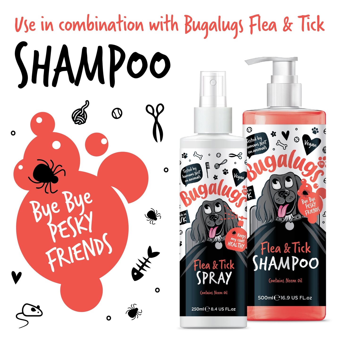 Flea and Tick Dog Shampoo by Bugalugs, Works on Smelly Puppies & Dogs, Contains Neem Oil PH Balanced Vegan Used by Professional Groom (Shampoo 500ml)