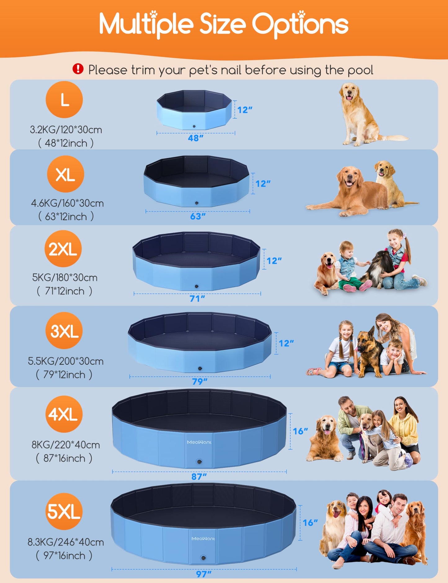 Meowant Foldable Dog Pool Dog Paddling Pool, Upgrade Thickened PP Material Swimming Pools for Large Dogs, Indoor Outdoor Portable Dog Pool, Large Kids Bath Pool with 4pcs Repair Patch (4XL-87 x 16)