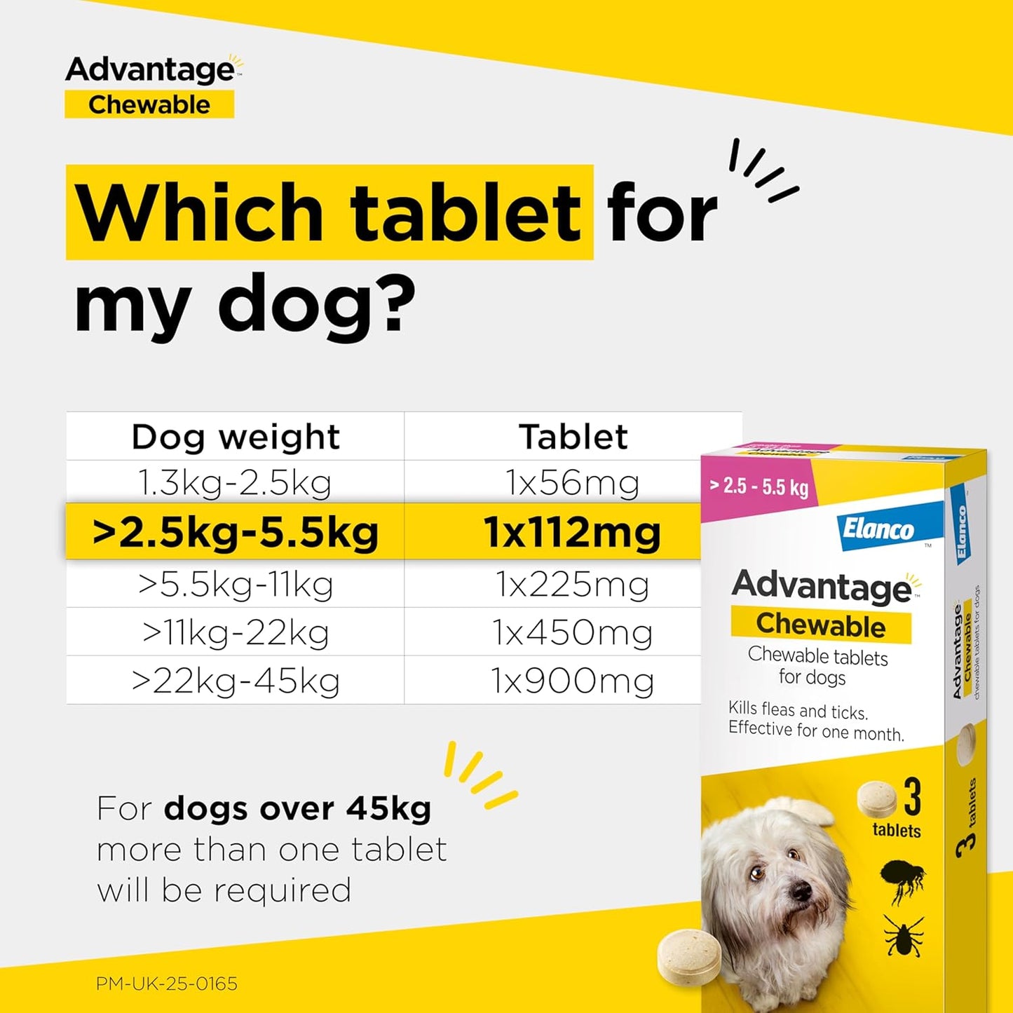 Advantage Chewable 112mg Chewable Tablets for Dogs >2.5-5.5kg (3 pack), Flea and Tick Treatment, Fast Acting Kills Fleas Within Hours, Prevention Lasts For A Month, Easy To Administer