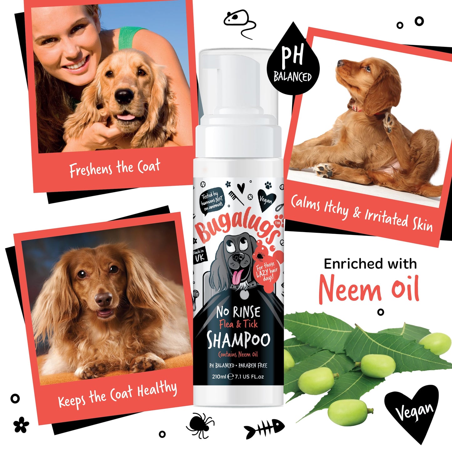 Flea and Tick Dog Shampoo by Bugalugs, Works on Smelly Puppies & Dogs, Contains Neem Oil PH Balanced Vegan Used by Professional Groom (Shampoo 500ml)