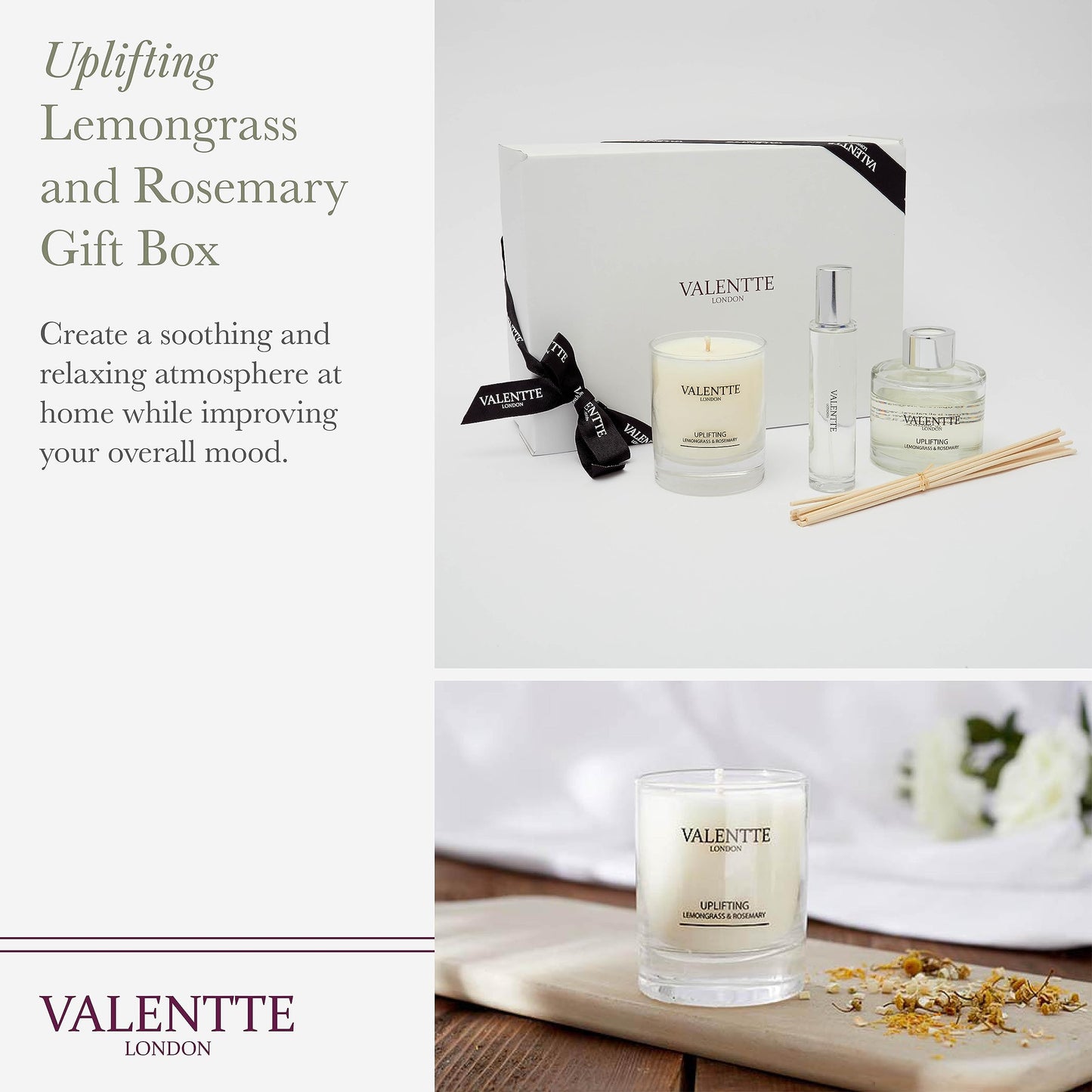Scented Gift Box with Candle, Reed Diffuser, and Room Mist, Aromatherapy Essential Oils, Long Lasting Fragrance, Made in the UK (Lemongrass and Rosemary) (150g, 100ml, 30ml) - Valentte