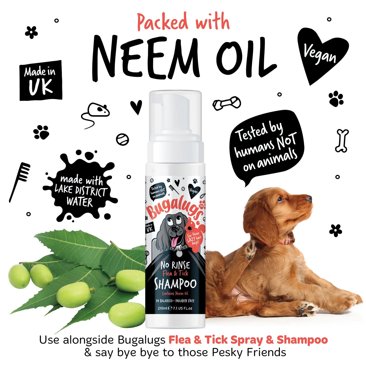 Flea and Tick Dog Shampoo by Bugalugs, Works on Smelly Puppies & Dogs, Contains Neem Oil PH Balanced Vegan Used by Professional Groom (Shampoo 500ml)