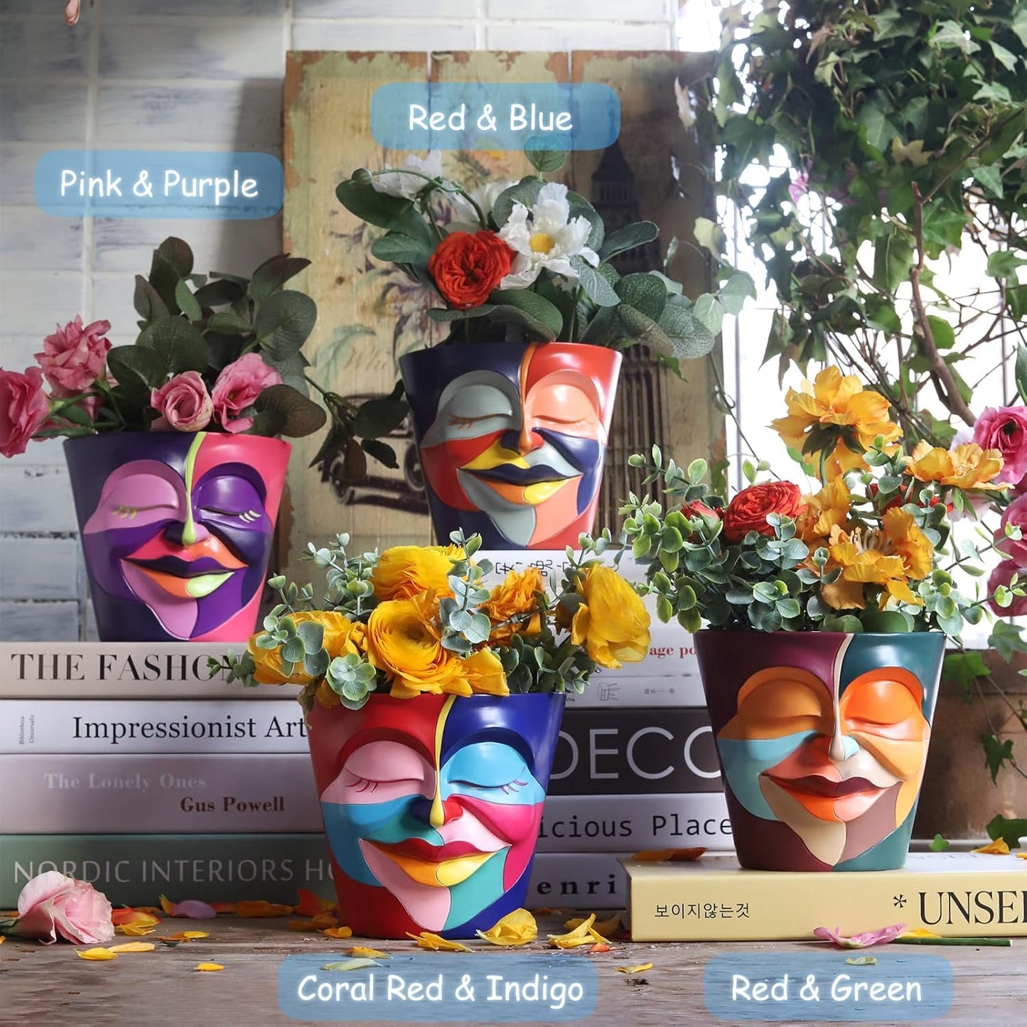AmiCera Abstract Face Plant Pots, Funny Flower Planter Pot for Indoor Plants, Unique Cute Head Planters with Drainage, Eclectic Aesthetic Colourful Succulent Pots, Funky Garden Gift Home Decoration