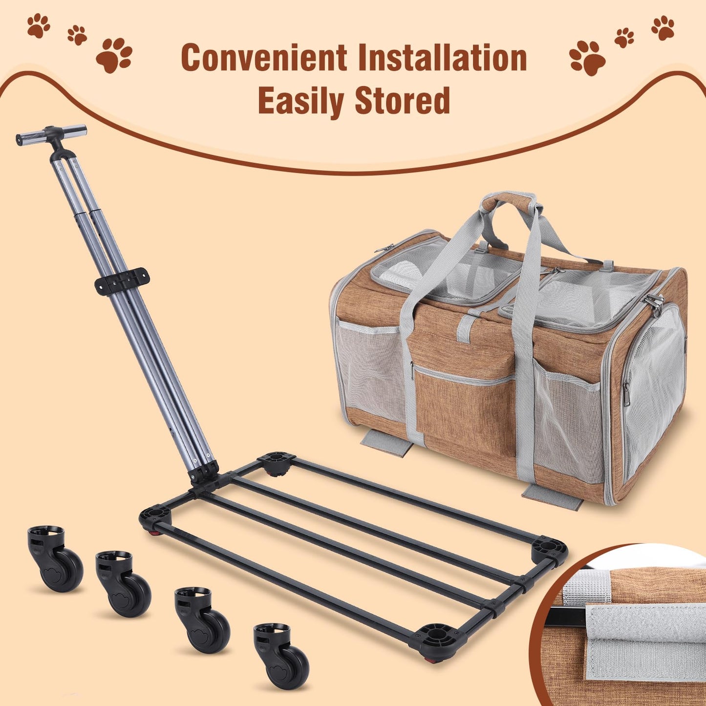 Double-Compartment Rolling Cat Carrier with Wheels for 2 Cats, Foldable Pet Carrier with Wheels for 2 Small Cats and Dogs, Fully Breathable, Perfect for Traveling/Hiking/Camping/Veterinary Visits