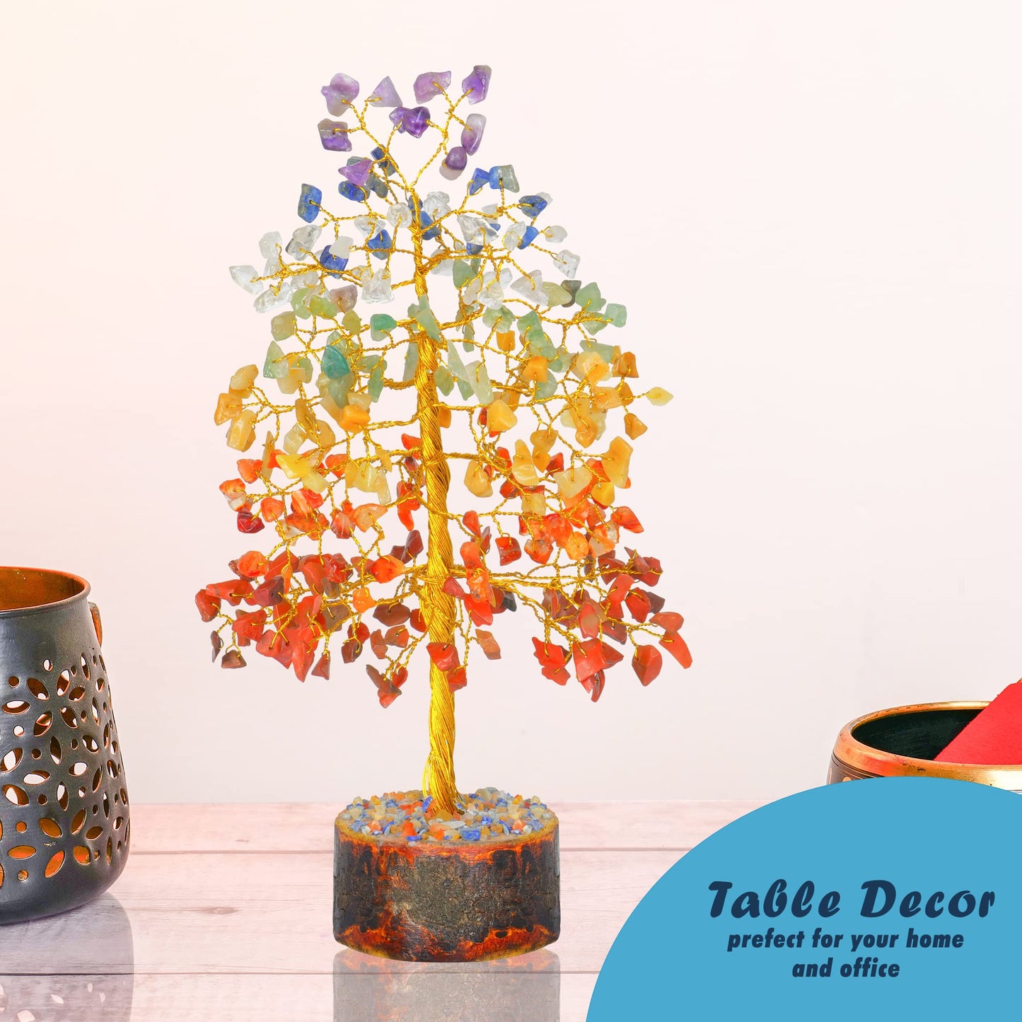 Tree of Life Gemstone Bonsai - Artificial Home and Office Decor, Spiritual Gift With Chakra Stones, Love Stone, Positive Energy - Crystal Rose Quartz
