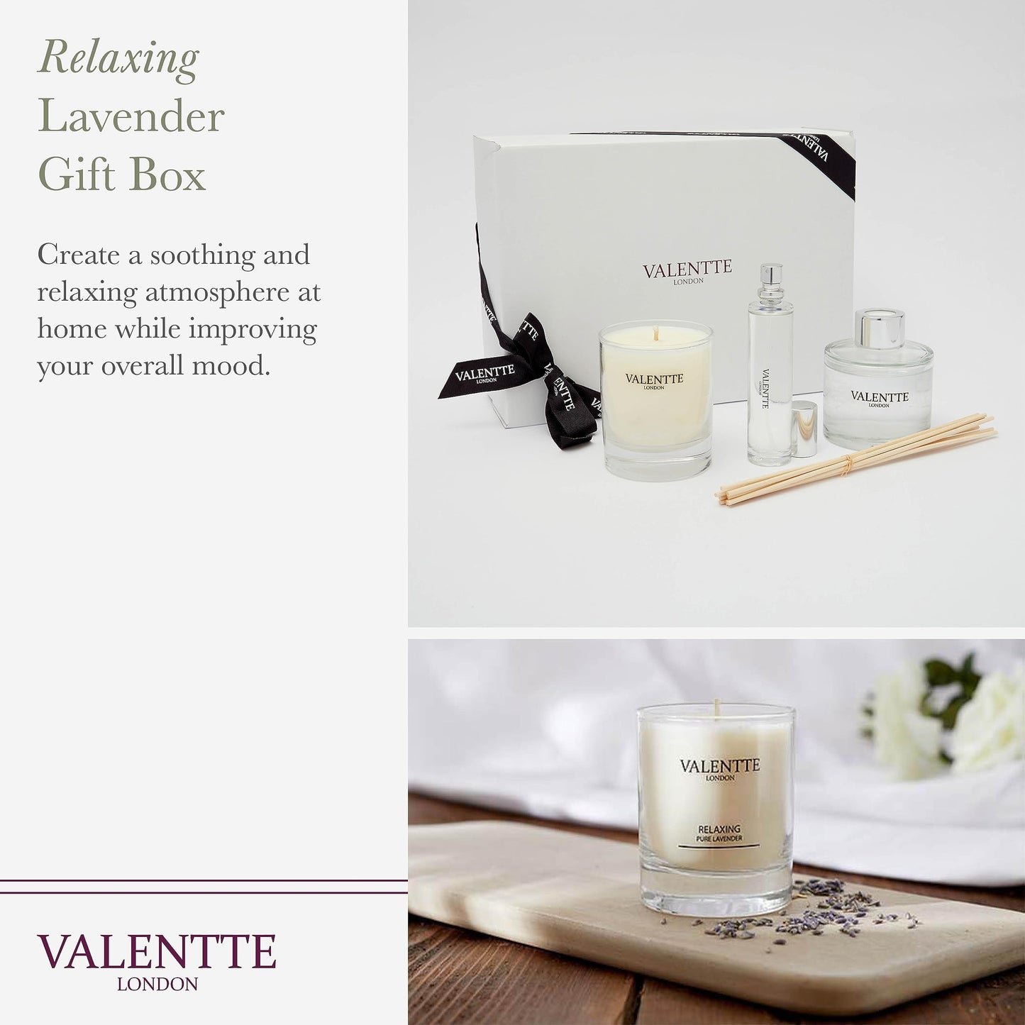 Scented Gift Box with Candle, Reed Diffuser, and Room Mist, Aromatherapy Essential Oils, Long Lasting Fragrance, Made in the UK (Lemongrass and Rosemary) (150g, 100ml, 30ml) - Valentte