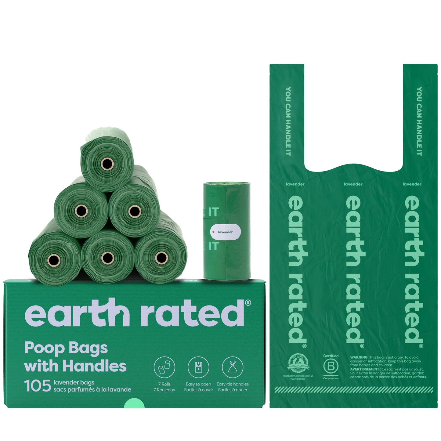 Earth Rated Dog Poop Bags with Tie Handles on Refill Rolls, Extra Wide, Easy-Tie Opening, Guaranteed Leak-Proof, Unscented, 105 Count