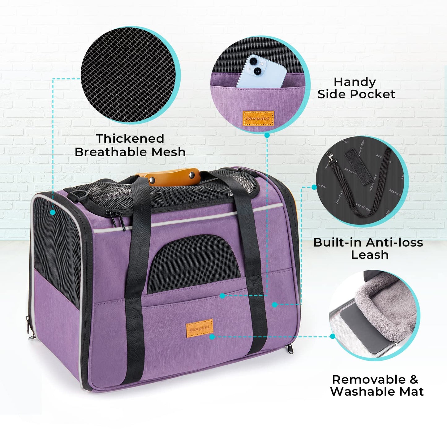 Morpilot Portable Pet Carrier Bag, Top Opening, Removable Mat and Breathable Mesh, Foldable Transport Carrier for Dogs and Cats, with Shoulder Strap and Pet Bowl