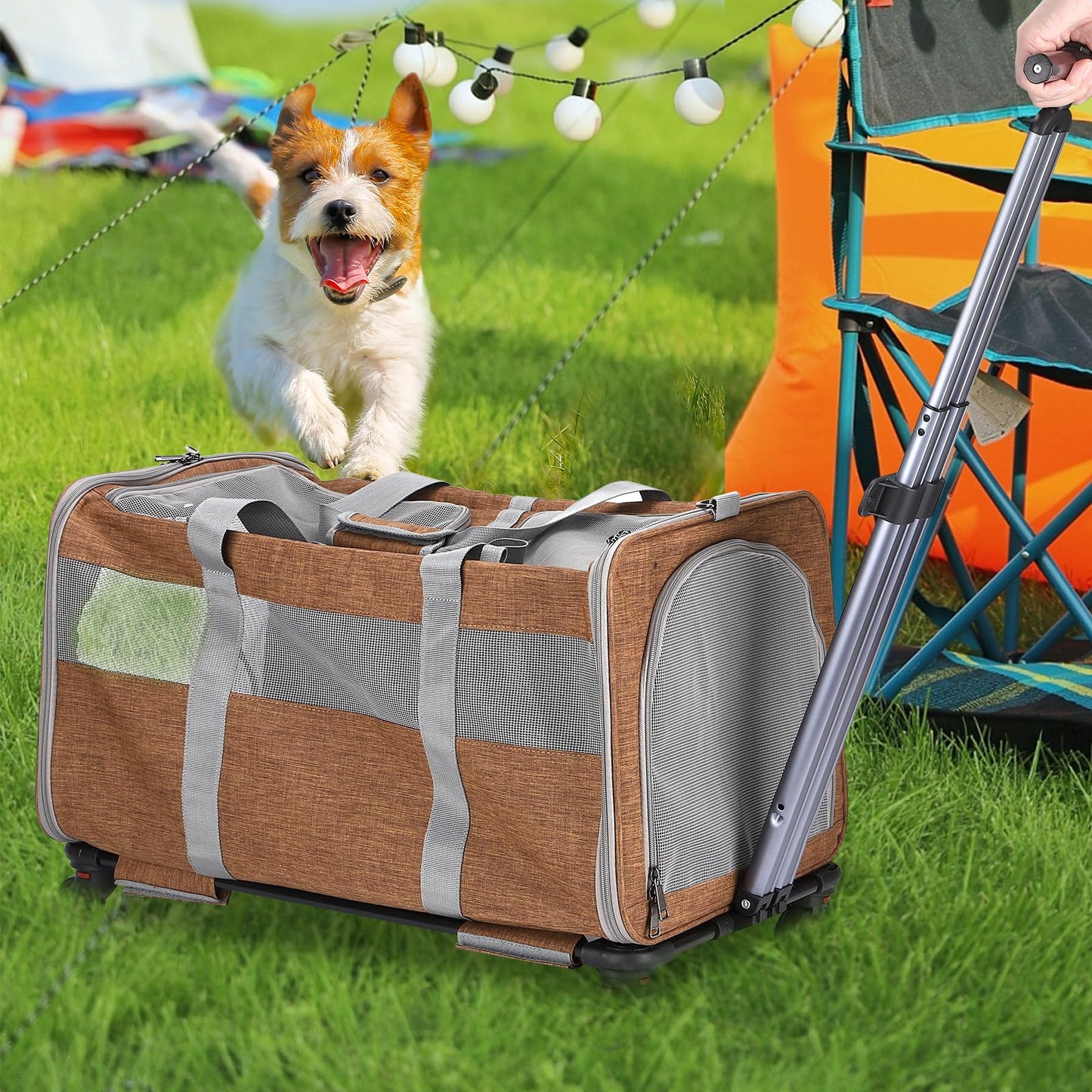 Double-Compartment Rolling Cat Carrier with Wheels for 2 Cats, Foldable Pet Carrier with Wheels for 2 Small Cats and Dogs, Fully Breathable, Perfect for Traveling/Hiking/Camping/Veterinary Visits