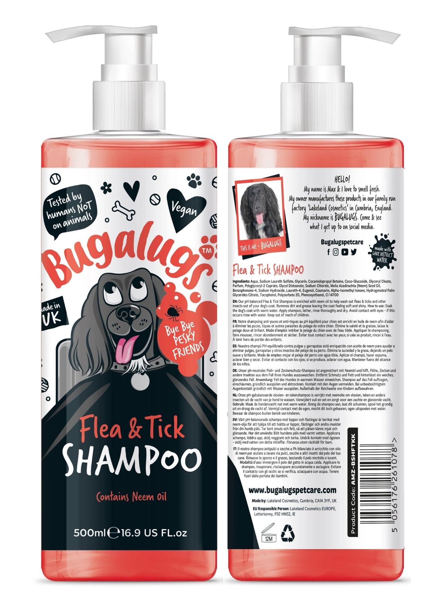 Flea and Tick Dog Shampoo by Bugalugs, Works on Smelly Puppies & Dogs, Contains Neem Oil PH Balanced Vegan Used by Professional Groom (Shampoo 500ml)