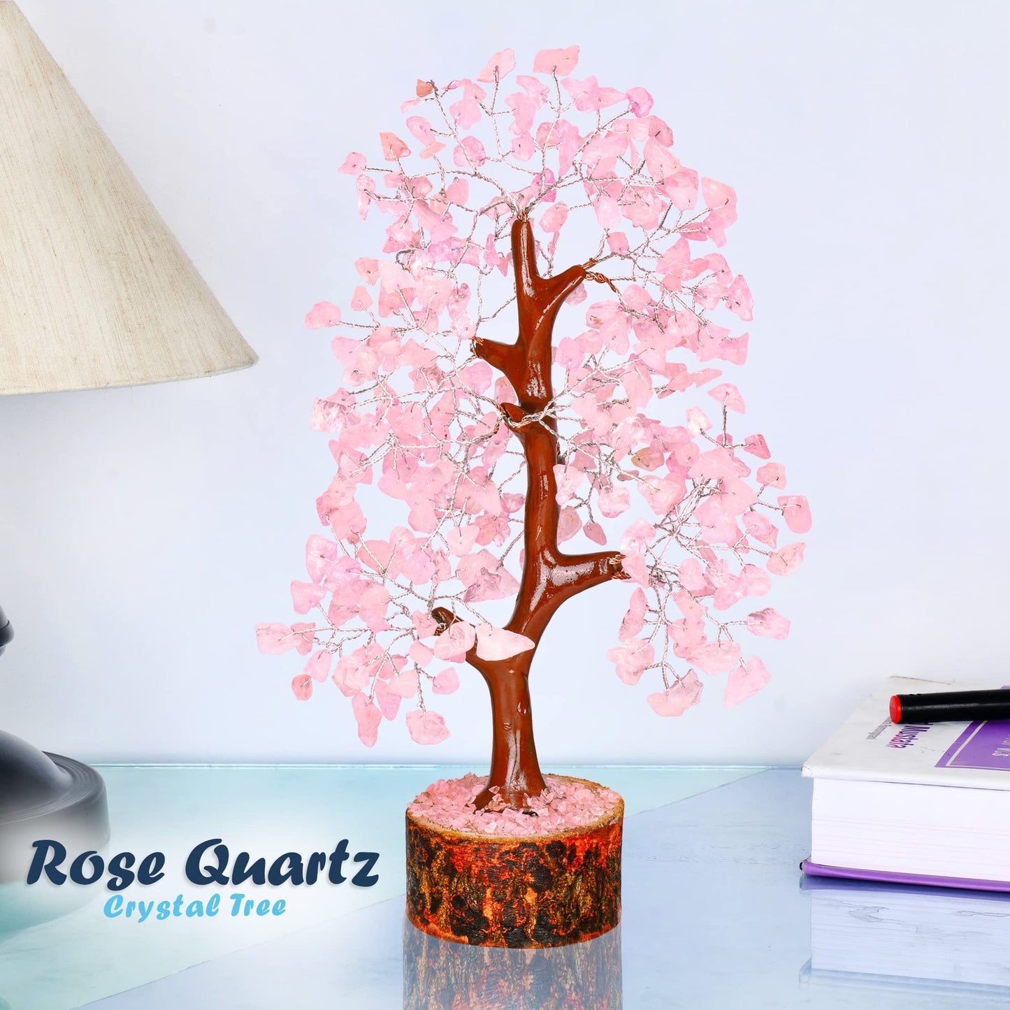 Tree of Life Gemstone Bonsai - Artificial Home and Office Decor, Spiritual Gift With Chakra Stones, Love Stone, Positive Energy - Crystal Rose Quartz