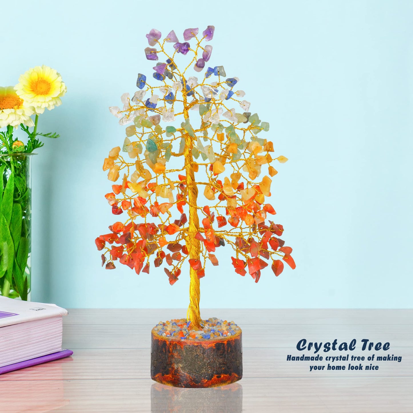 Tree of Life Gemstone Bonsai - Artificial Home and Office Decor, Spiritual Gift With Chakra Stones, Love Stone, Positive Energy - Crystal Rose Quartz