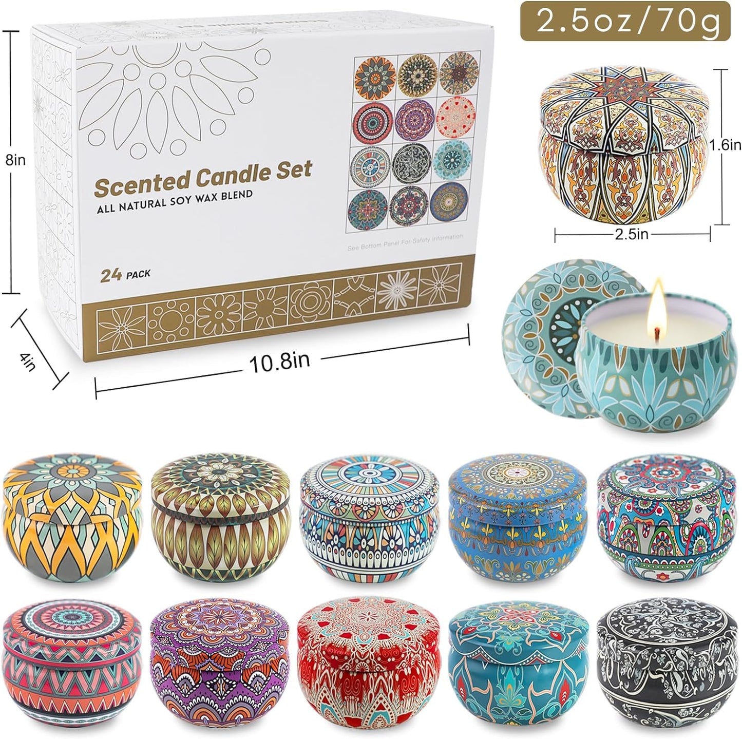 Yinuo Mirror Gifts for Women, 24 x 70 g Scented Candles Gift Set for Women, Soy Wax Aromatherapy Candles for Christmas, Birthday, Mother's Day, Valentine's Day, Bathroom, Yoga
