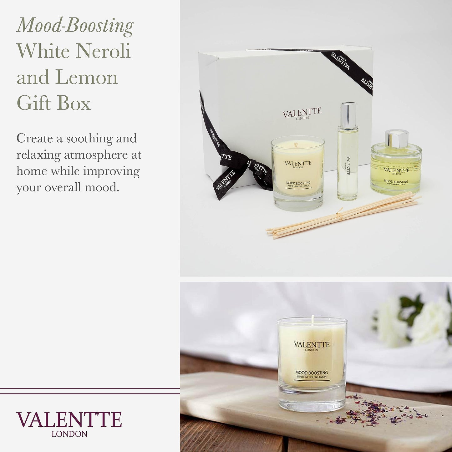 Scented Gift Box with Candle, Reed Diffuser, and Room Mist, Aromatherapy Essential Oils, Long Lasting Fragrance, Made in the UK (Lemongrass and Rosemary) (150g, 100ml, 30ml) - Valentte