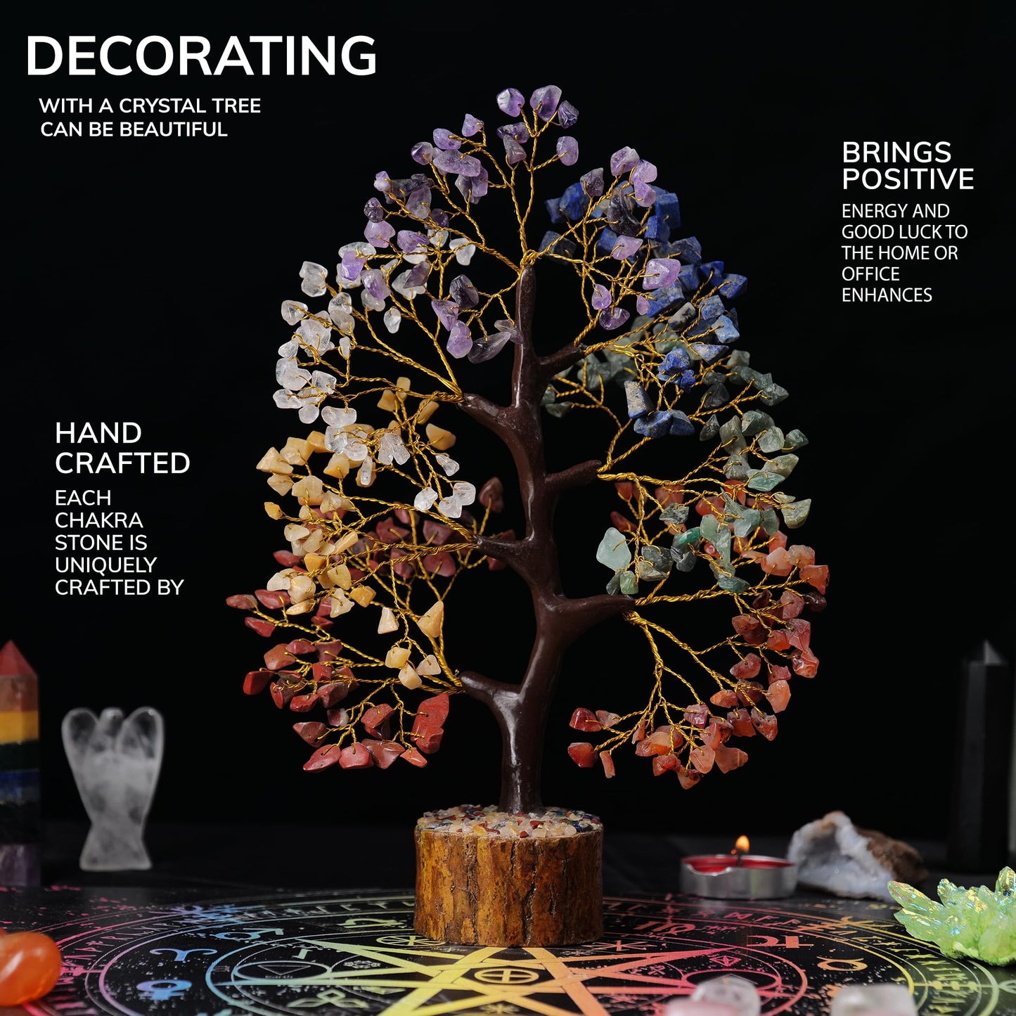 Tree of Life Gemstone Bonsai - Artificial Home and Office Decor, Spiritual Gift With Chakra Stones, Love Stone, Positive Energy - Crystal Rose Quartz