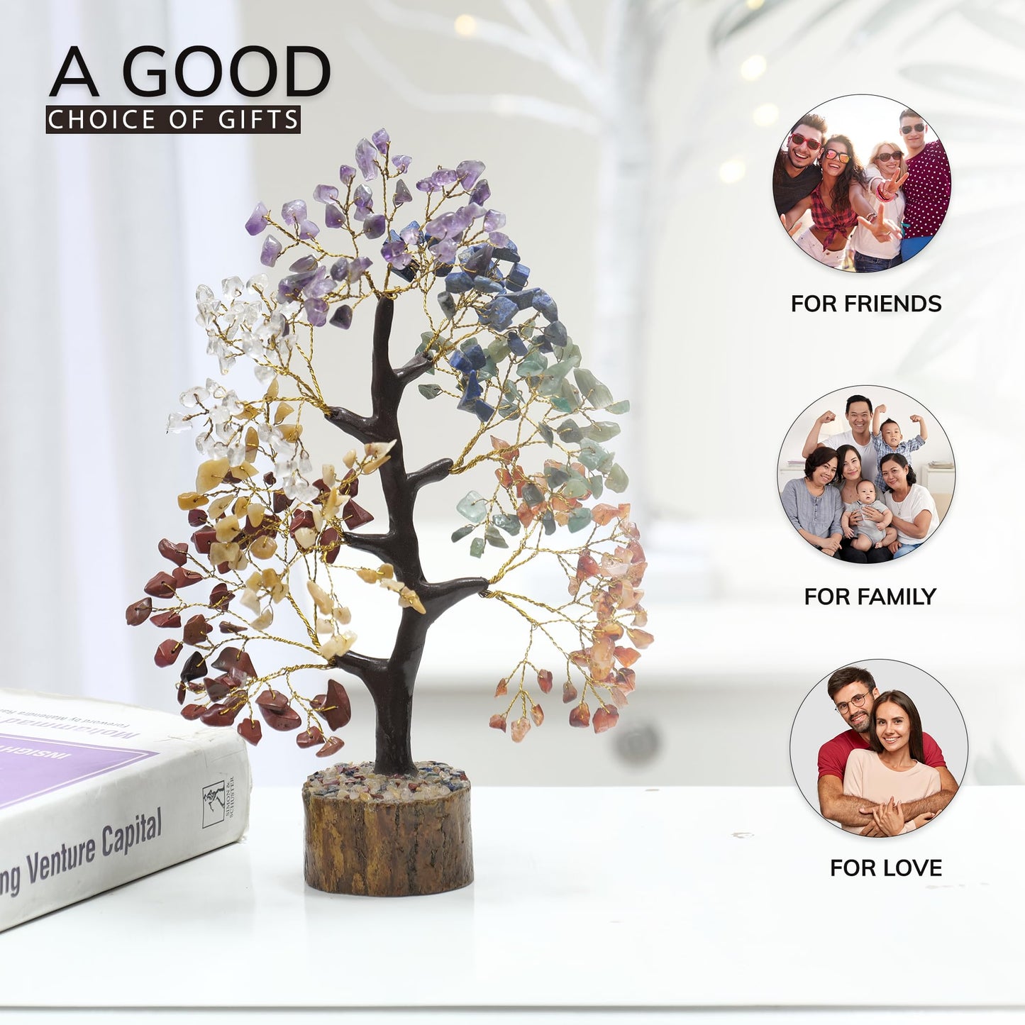 Tree of Life Gemstone Bonsai - Artificial Home and Office Decor, Spiritual Gift With Chakra Stones, Love Stone, Positive Energy - Crystal Rose Quartz