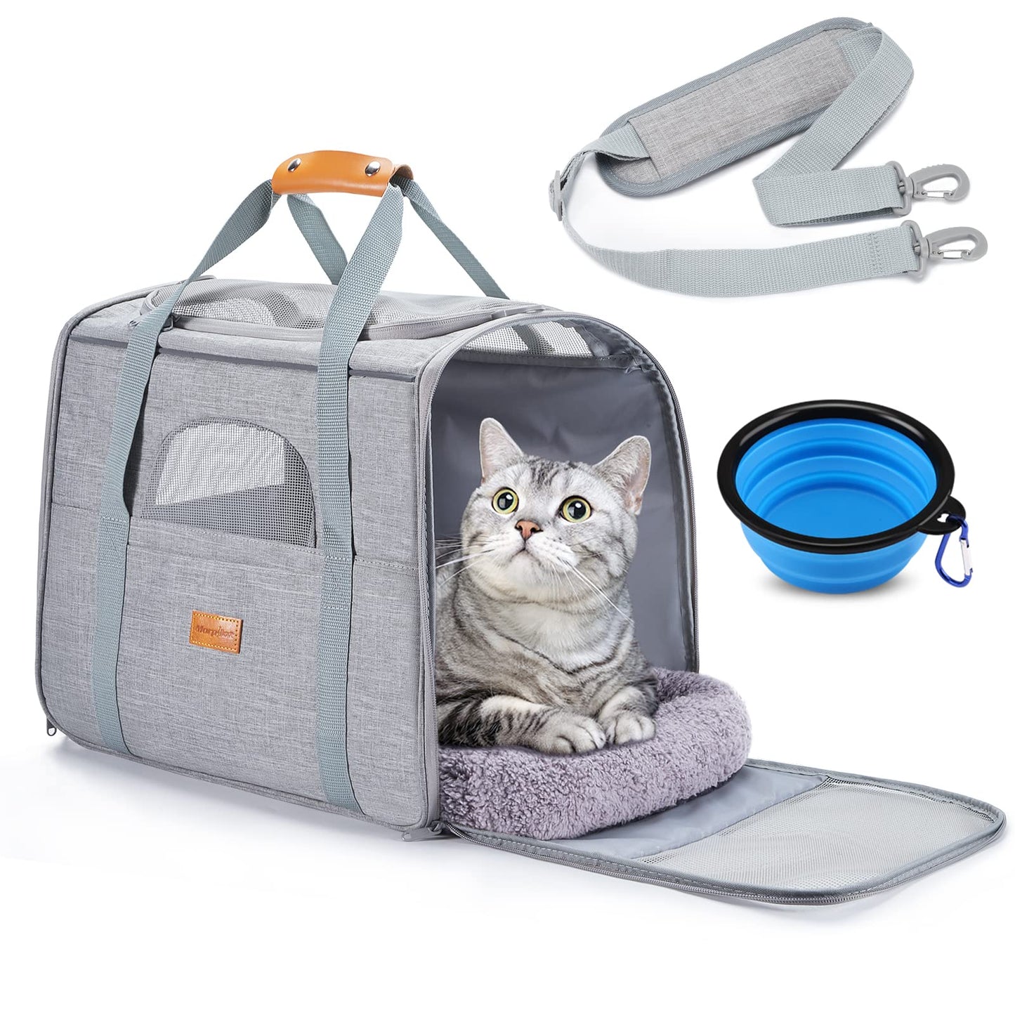 Morpilot Portable Pet Carrier Bag, Top Opening, Removable Mat and Breathable Mesh, Foldable Transport Carrier for Dogs and Cats, with Shoulder Strap and Pet Bowl