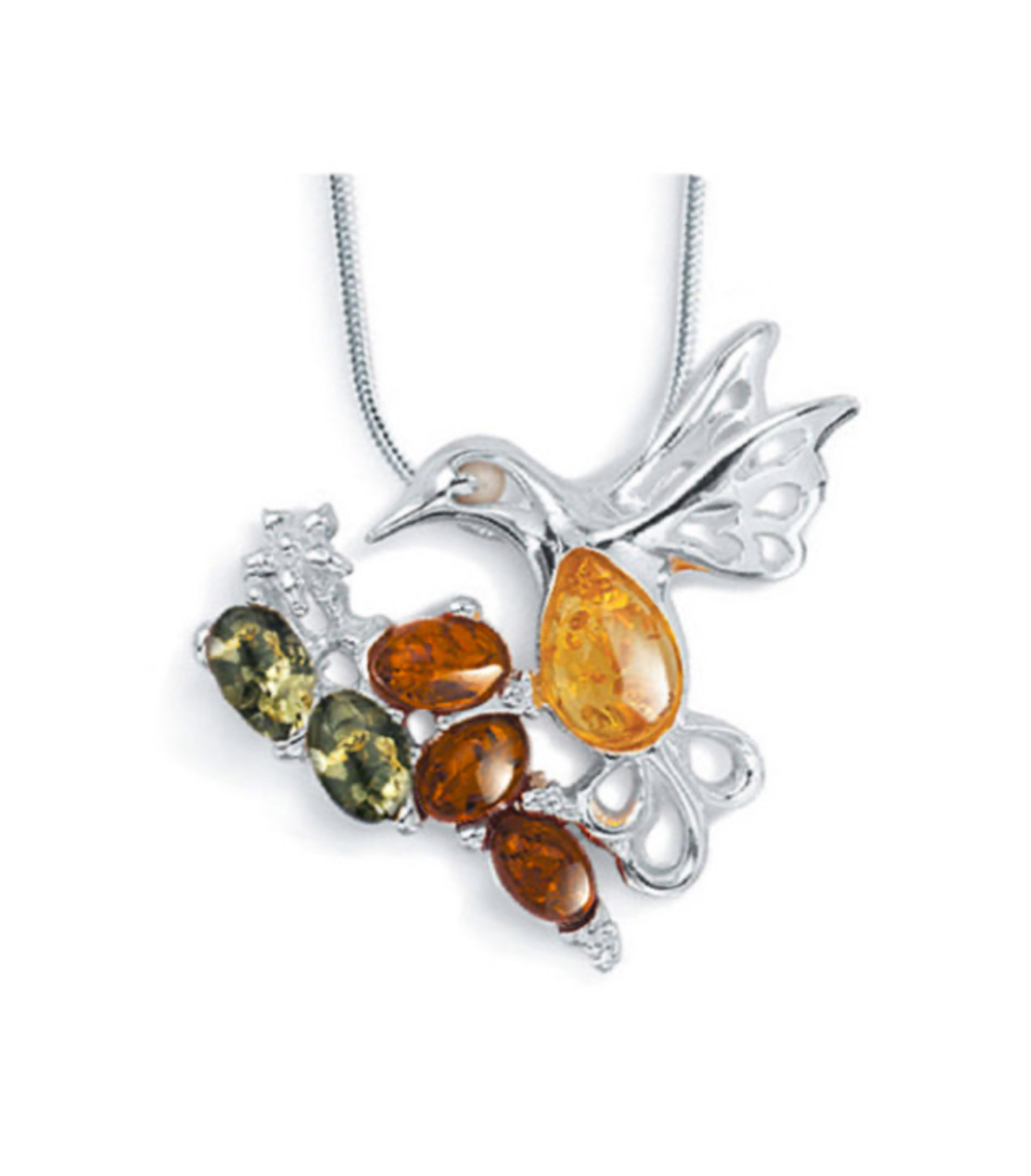 Designer Silver Amber Hummingbird Pendant. FREE DELIVERY