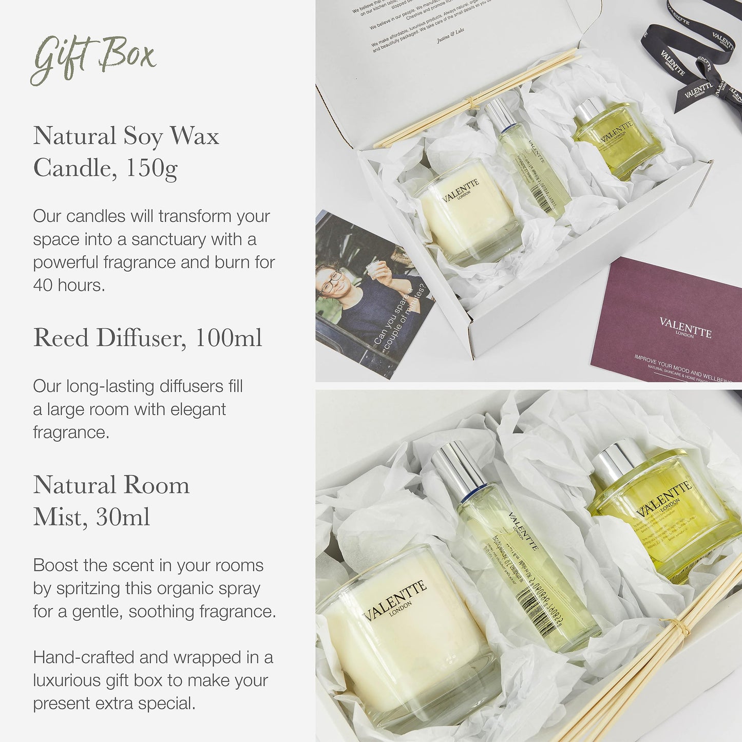 Scented Gift Box with Candle, Reed Diffuser, and Room Mist, Aromatherapy Essential Oils, Long Lasting Fragrance, Made in the UK (Lemongrass and Rosemary) (150g, 100ml, 30ml) - Valentte