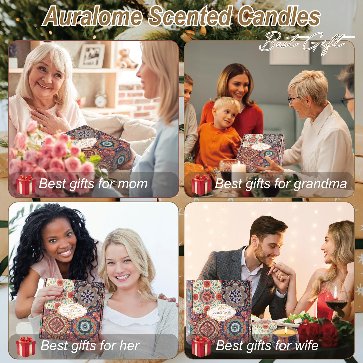 Auralome Scented Candles Sets for Women - Natural Soy Wax Aromatherapy Candle Small Gifts Long Burn Fragranced Aroma Candle Set of 4 4.4 Oz for Birthday Mum Teacher Mothers Day Christmas Diwali Bath