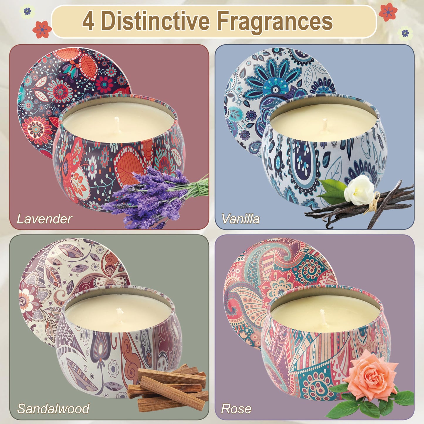 Auralome Scented Candles Sets for Women - Natural Soy Wax Aromatherapy Candle Small Gifts Long Burn Fragranced Aroma Candle Set of 4 4.4 Oz for Birthday Mum Teacher Mothers Day Christmas Diwali Bath