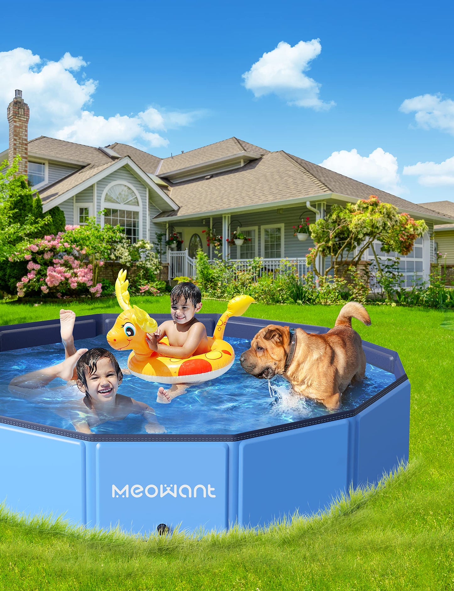 Meowant Foldable Dog Pool Dog Paddling Pool, Upgrade Thickened PP Material Swimming Pools for Large Dogs, Indoor Outdoor Portable Dog Pool, Large Kids Bath Pool with 4pcs Repair Patch (4XL-87 x 16)