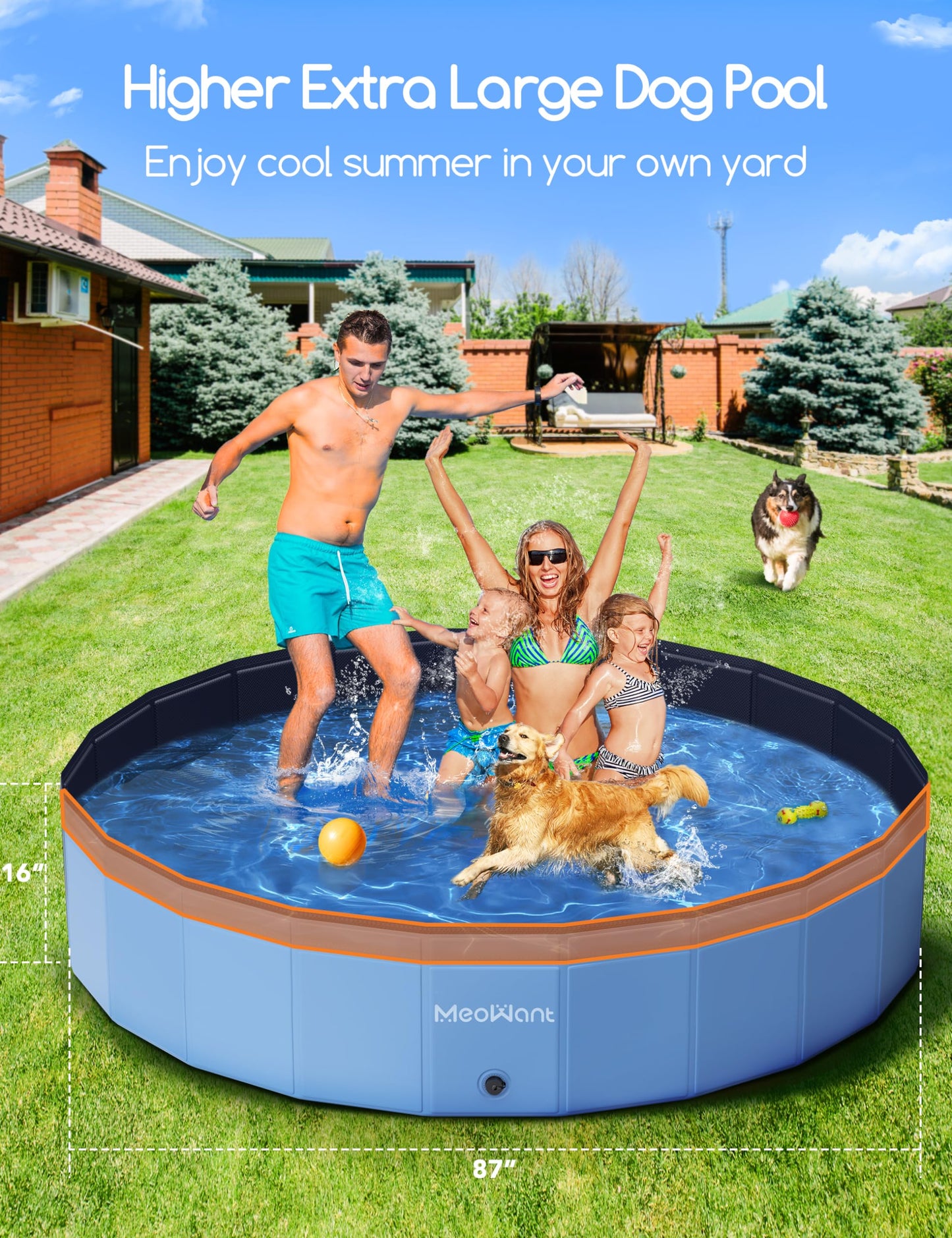 Meowant Foldable Dog Pool Dog Paddling Pool, Upgrade Thickened PP Material Swimming Pools for Large Dogs, Indoor Outdoor Portable Dog Pool, Large Kids Bath Pool with 4pcs Repair Patch (4XL-87 x 16)