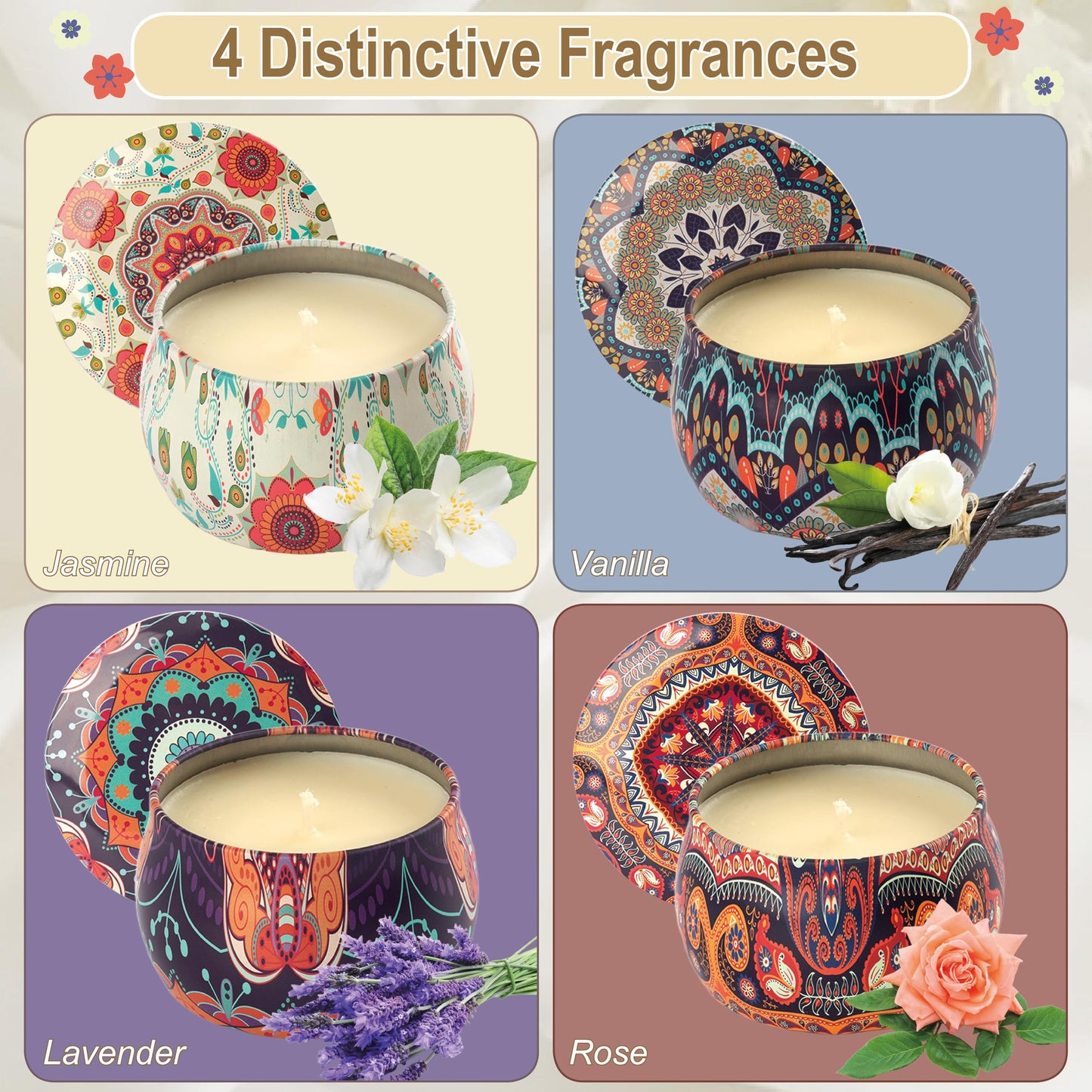 Auralome Scented Candles Sets for Women - Natural Soy Wax Aromatherapy Candle Small Gifts Long Burn Fragranced Aroma Candle Set of 4 4.4 Oz for Birthday Mum Teacher Mothers Day Christmas Diwali Bath