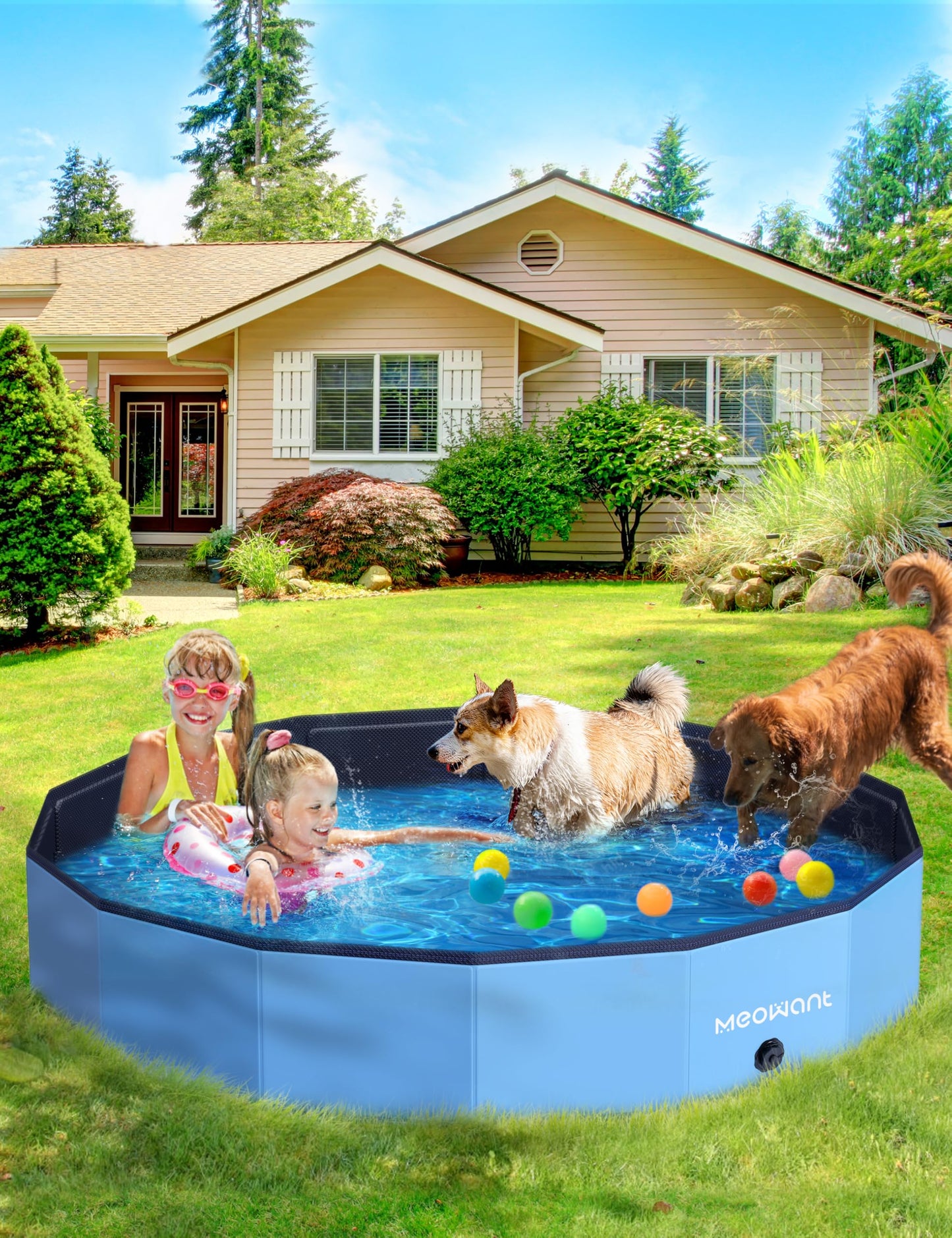 Meowant Foldable Dog Pool Dog Paddling Pool, Upgrade Thickened PP Material Swimming Pools for Large Dogs, Indoor Outdoor Portable Dog Pool, Large Kids Bath Pool with 4pcs Repair Patch (4XL-87 x 16)