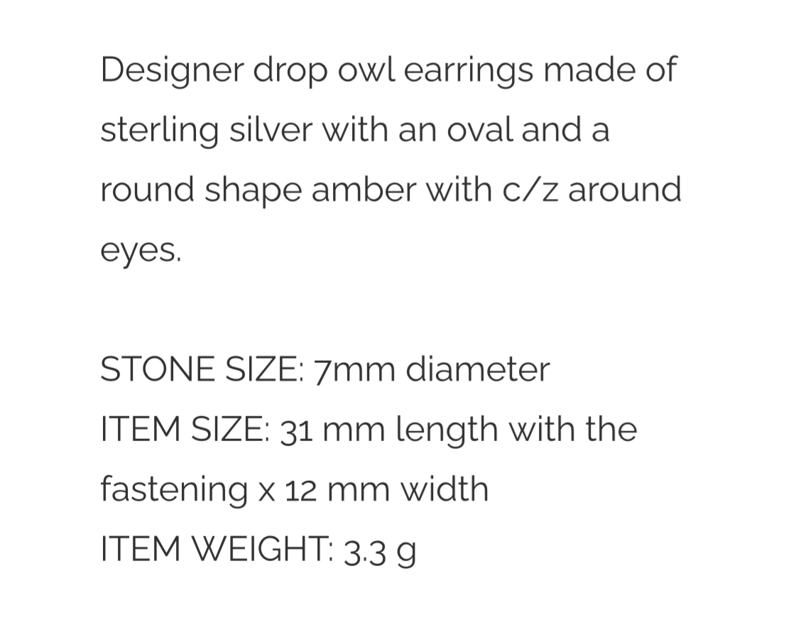 Amber Drop Owl Earrings. FREE DELIVERY