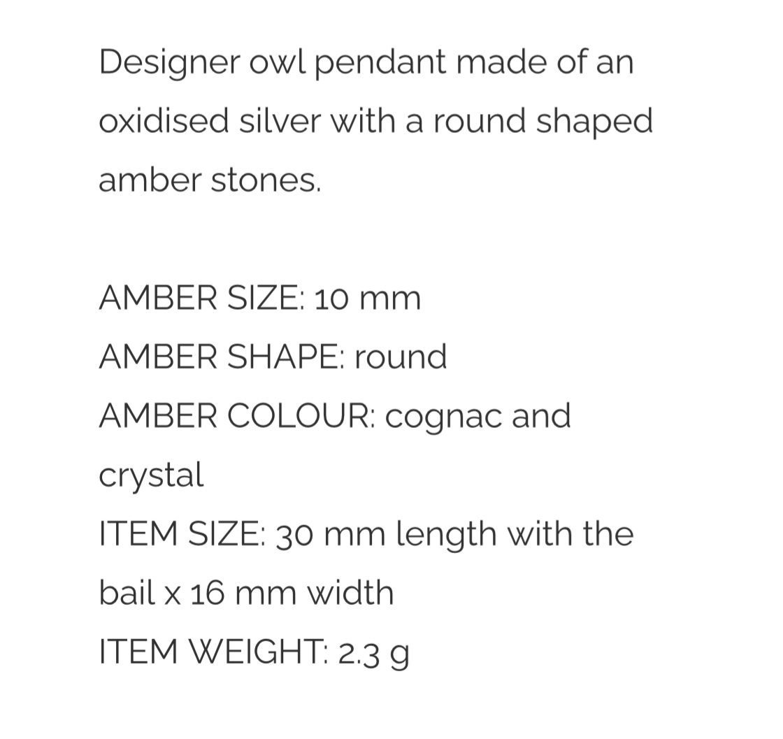 Small Owl Amber Zirconia Silver Pendant. FREE DELIVERY