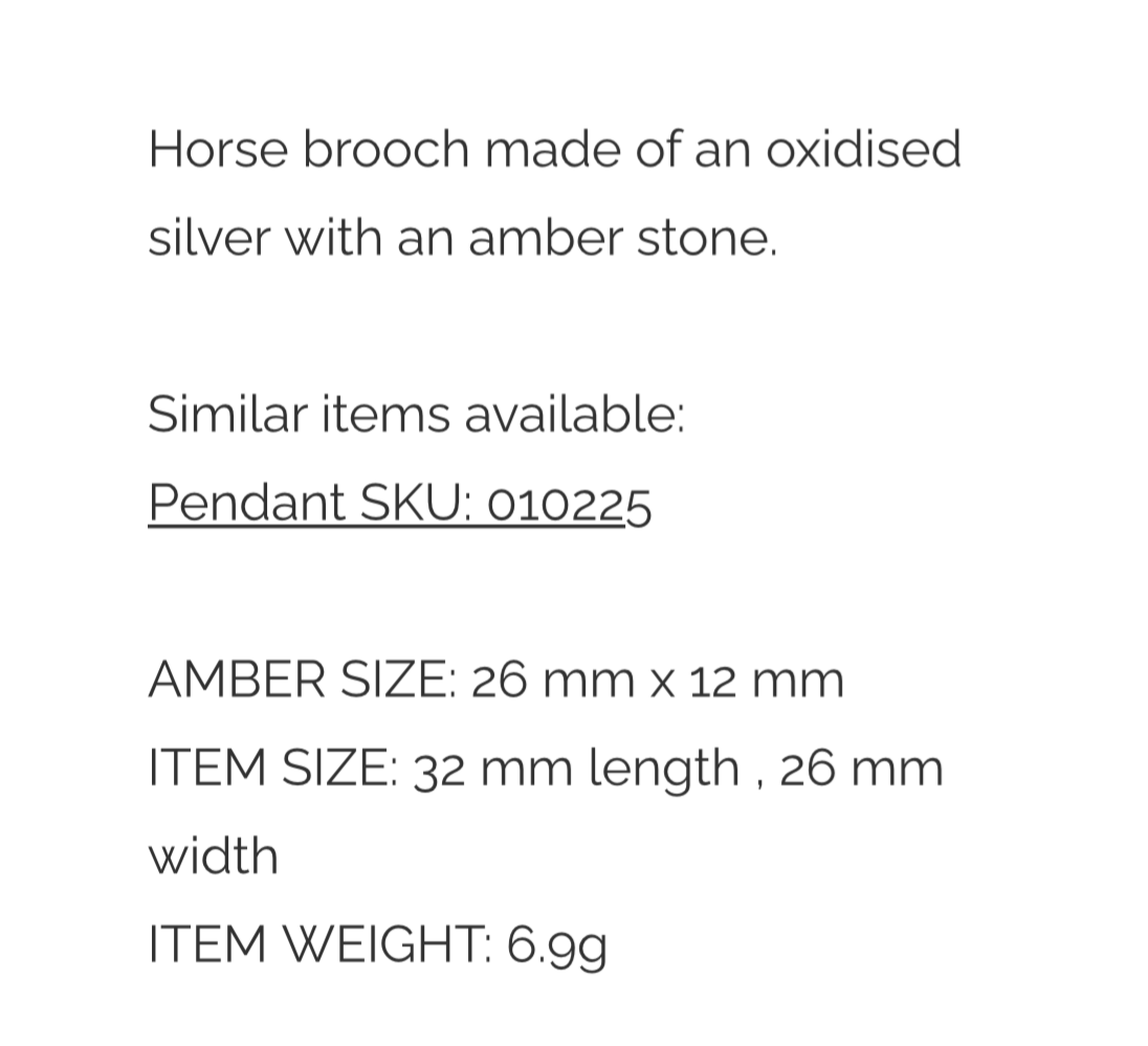 Designer Amber Sterling Silver Horse Brooch. FREE DELIVERY