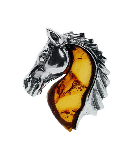 Designer Amber Silver Horse Brooch