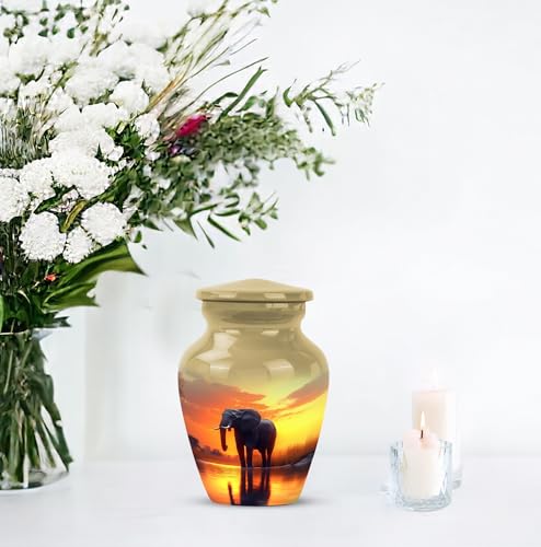 YATHABHISA Mini Urns Human Ashes with Elephant, Keepsake Small Urn for Cremation Ash Container, Memorial Gift for Everyone, Combo, Orange, 3 Inch (Set of 2)