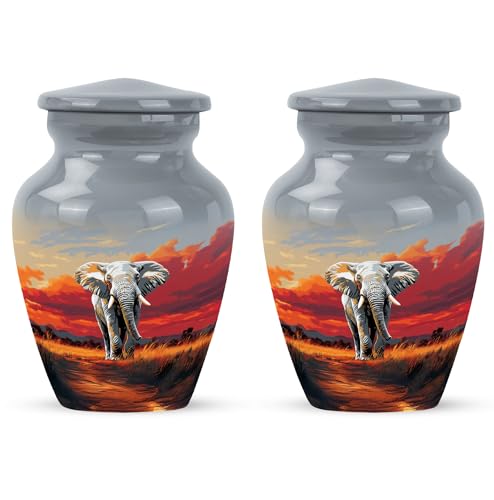 YATHABHISA Mini Urns Human Ashes with Elephant, Keepsake Small Urn for Cremation Ash Container, Memorial Gift for Everyone, Combo, Orange, 3 Inch (Set of 2)