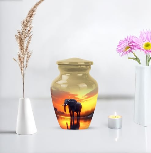 YATHABHISA Mini Urns Human Ashes with Elephant, Keepsake Small Urn for Cremation Ash Container, Memorial Gift for Everyone, Combo, Orange, 3 Inch (Set of 2)