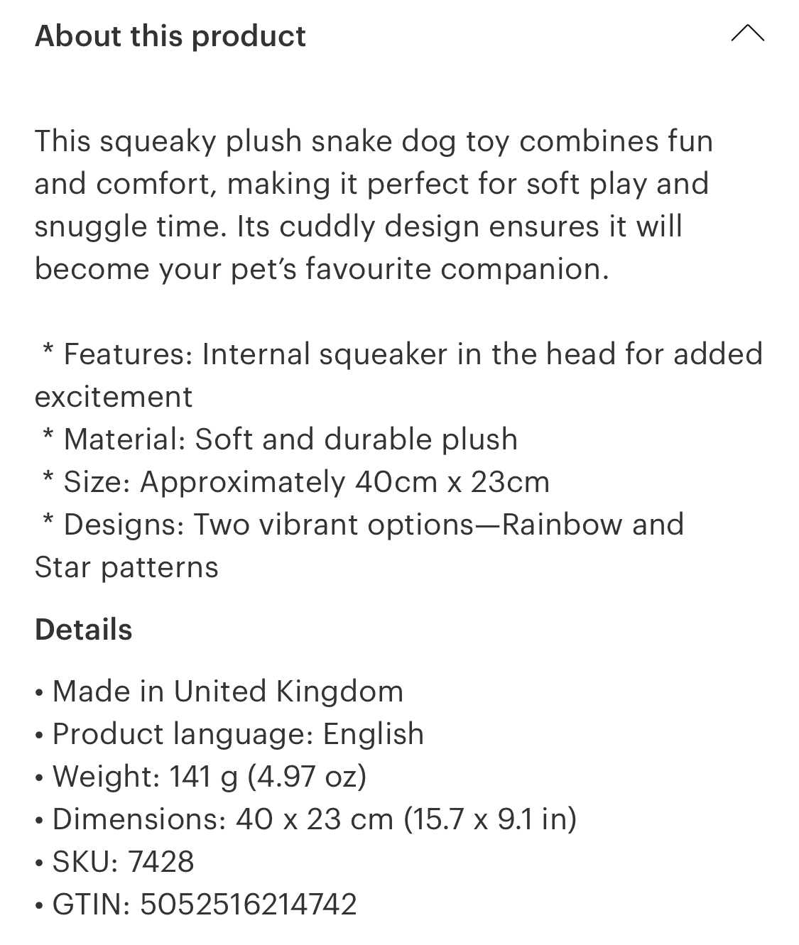 Smart Choice Plush Snake Dog toy with squeaker