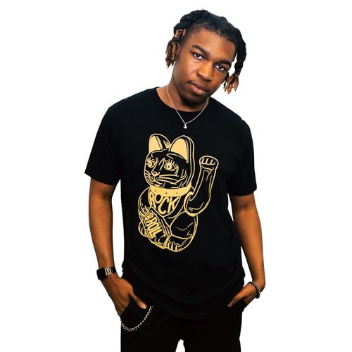 DB DEADBEAT Lucky Cat Rock and Roll Motif Screen Printed Eco-Friendly Unisex Black T-Shirt for Men, Women and Teens